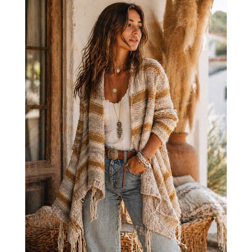 Boho Fringe Duster Cardigan M/L Open Knit Waterfall Cozy Layering
